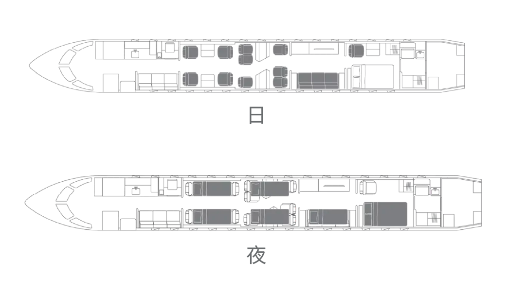维思达公务机环球8000日间和夜间四舱布局示意图